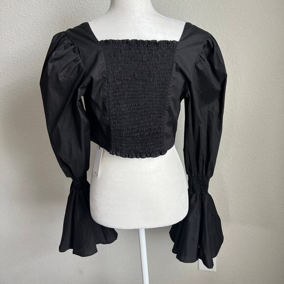 New The Lulo Project Black Crop Poplin Top Women's L Smocked Long Puff Sleeves - Picture 5 of 8